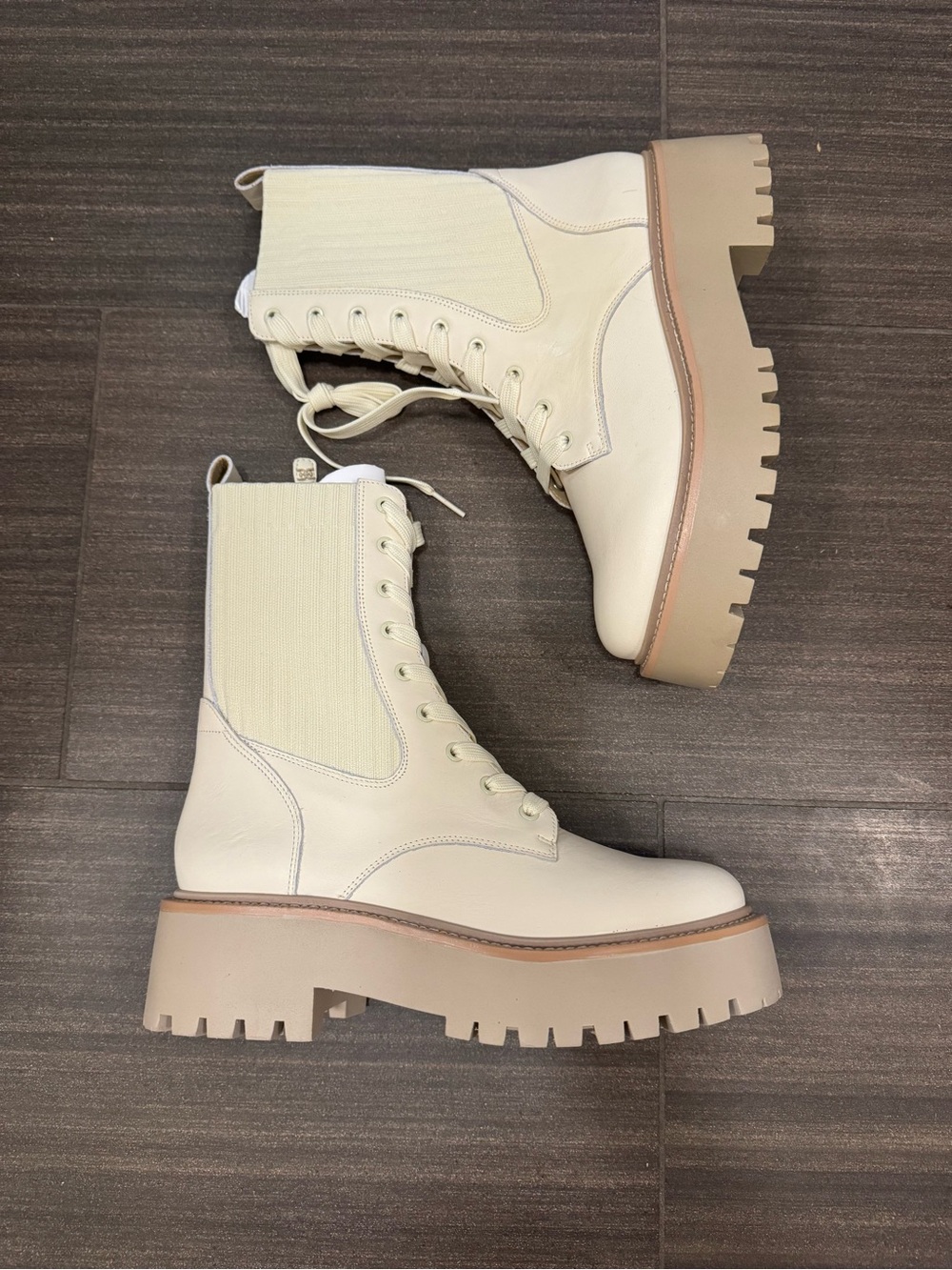 Sam Edelman Cream Lace-Up Combat Boots with Tan Trim